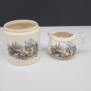 Vintage Sandland Ware Marmalade Jar & Creamer Set With Scenic Countryside Design